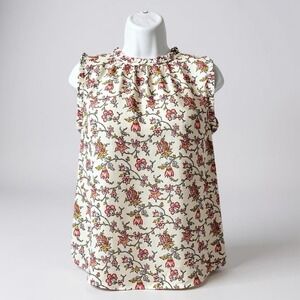 LOFT Floral Ruffle Neck Sleeveless Blouse White Pink Yellow Size‎ Small
